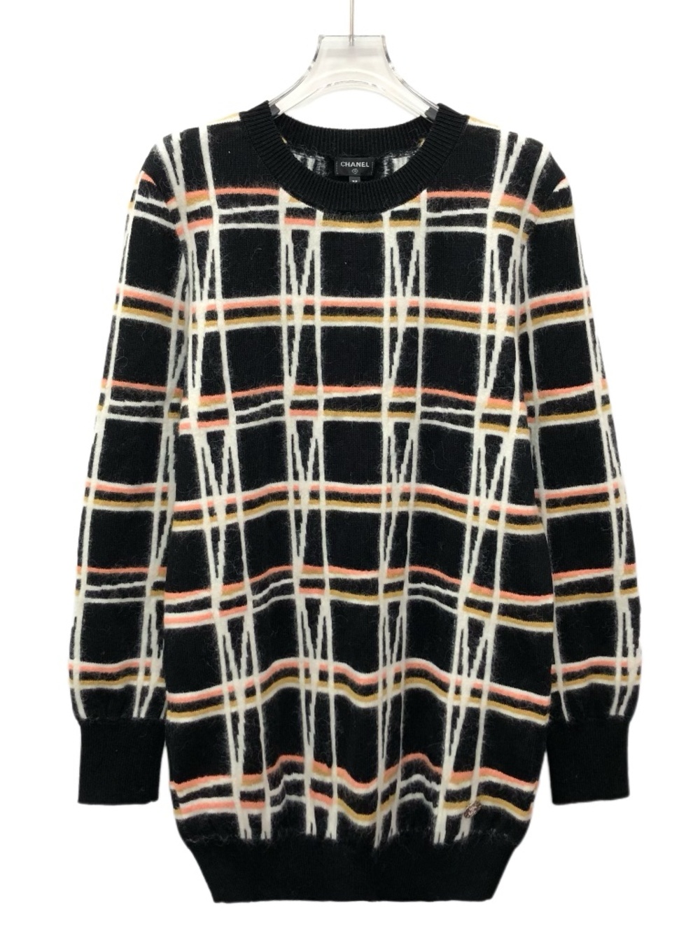 Chanel Black Checkered Striped Cotton Crew-Neck Long-Sleeve Sweater